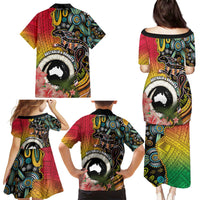 Vanuatu and Australia Together Family Matching Puletasi and Hawaiian Shirt Kangaroo with Pig Tusk Indigenous Pattern