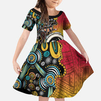 Vanuatu and Australia Together Family Matching Tank Maxi Dress and Hawaiian Shirt Kangaroo with Pig Tusk Indigenous Pattern LT03 Daughter's Dress Black - Polynesian Pride