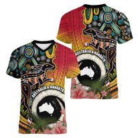 Vanuatu and Australia Together Women V-Neck T-Shirt Kangaroo with Pig Tusk Indigenous Pattern