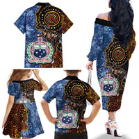 Samoa and Australia Together Family Matching Off The Shoulder Long Sleeve Dress and Hawaiian Shirt Kangaroo and Tribal Hibiscus Aboriginal Pattern