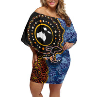 Samoa and Australia Together Off Shoulder Short Dress Kangaroo and Tribal Hibiscus Aboriginal Pattern LT03 Women Blue - Polynesian Pride