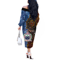 Samoa and Australia Together Off The Shoulder Long Sleeve Dress Kangaroo and Tribal Hibiscus Aboriginal Pattern LT03 - Polynesian Pride