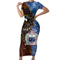 Samoa and Australia Together Short Sleeve Bodycon Dress Kangaroo and Tribal Hibiscus Aboriginal Pattern LT03 Long Dress Blue - Polynesian Pride