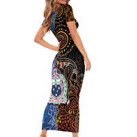 Samoa and Australia Together Short Sleeve Bodycon Dress Kangaroo and Tribal Hibiscus Aboriginal Pattern LT03 - Polynesian Pride