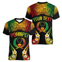 Personalised Pohnpei Independence Day Women V-Neck T-Shirt Polynesian Tattoo and Plumeria Reggae Color