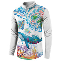 Hawaiian Turtles and Whales Button Sweatshirt Polynesian Tropical Tattoo Ocean Style