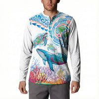 Hawaiian Turtles and Whales Button Sweatshirt Polynesian Tropical Tattoo Ocean Style