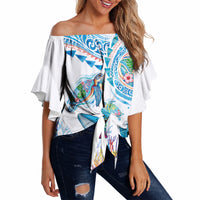 Hawaiian Turtles and Whales Off Shoulder Wrap Waist Top Polynesian Tropical Tattoo Ocean Style