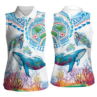 Hawaiian Turtles and Whales Women Sleeveless Polo Shirt Polynesian Tropical Tattoo Ocean Style