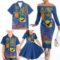 Hawaii Ocean Family Matching Off The Shoulder Long Sleeve Dress and Hawaiian Shirt Pineapple Turtle and Mango Reef Triggerfish and Kakau Tattoo