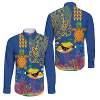 Hawaii Ocean Family Matching Off The Shoulder Long Sleeve Dress and Hawaiian Shirt Pineapple Turtle and Mango Reef Triggerfish and Kakau Tattoo