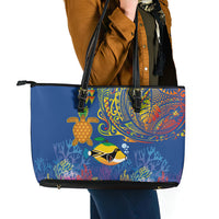 Hawaii Ocean Leather Tote Bag Pineapple Turtle and Mango Reef Triggerfish and Kakau Tattoo