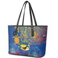 Hawaii Ocean Leather Tote Bag Pineapple Turtle and Mango Reef Triggerfish and Kakau Tattoo