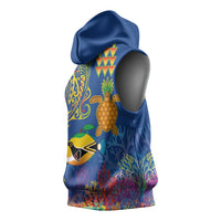 Hawaii Ocean Sleeveless Hoodie Pineapple Turtle and Mango Reef Triggerfish and Kakau Tattoo