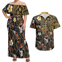 Hawaiian and Japanese Couples Matching Off Shoulder Maxi Dress and Hawaiian Shirt Polynesian Tattoo with Japanese Culture Kintsugi Style