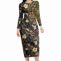 Hawaiian and Japanese Long Sleeve Bodycon Dress Polynesian Tattoo with Japanese Culture Kintsugi Style