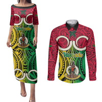 Vanuatu Couples Matching Puletasi Dress and Long Sleeve Button Shirts Pig Tusk Mix Maori Pattern and Namele Leaf LT03 Red - Polynesian Pride