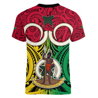 Vanuatu Women V Neck T Shirt Pig Tusk Mix Maori Pattern and Namele Leaf LT03 - Polynesian Pride