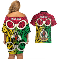 Personalised Vanuatu Couples Matching Off Shoulder Short Dress and Hawaiian Shirt Pig Tusk Mix Maori Pattern and Namele Leaf LT03 - Polynesian Pride