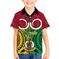 Personalised Vanuatu Family Matching Short Sleeve Bodycon Dress and Hawaiian Shirt Pig Tusk Mix Maori Pattern and Namele Leaf LT03 Son's Shirt Red - Polynesian Pride