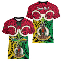 Personalised Vanuatu Women V Neck T Shirt Pig Tusk Mix Maori Pattern and Namele Leaf LT03 - Polynesian Pride