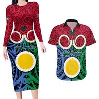 Vanuatu Shefa Province Couples Matching Long Sleeve Bodycon Dress and Hawaiian Shirt Pig Tusk Mix Maori Pattern and Namele Leaf LT03 Red - Polynesian Pride