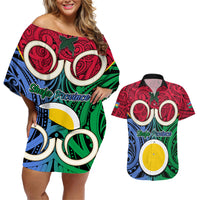 Vanuatu Shefa Province Couples Matching Off Shoulder Short Dress and Hawaiian Shirt Pig Tusk Mix Maori Pattern and Namele Leaf LT03 Red - Polynesian Pride