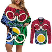 Vanuatu Shefa Province Couples Matching Off Shoulder Short Dress and Long Sleeve Button Shirts Pig Tusk Mix Maori Pattern and Namele Leaf LT03 Red - Polynesian Pride