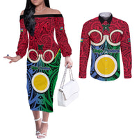 Vanuatu Shefa Province Couples Matching Off The Shoulder Long Sleeve Dress and Long Sleeve Button Shirts Pig Tusk Mix Maori Pattern and Namele Leaf LT03 Red - Polynesian Pride