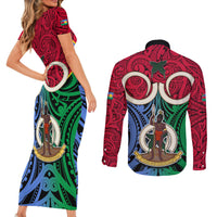 Vanuatu Shefa Province Couples Matching Short Sleeve Bodycon Dress and Long Sleeve Button Shirts Pig Tusk Mix Maori Pattern and Namele Leaf LT03 - Polynesian Pride