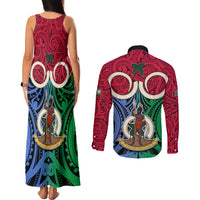 Vanuatu Shefa Province Couples Matching Tank Maxi Dress and Long Sleeve Button Shirts Pig Tusk Mix Maori Pattern and Namele Leaf LT03 - Polynesian Pride