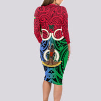 Vanuatu Shefa Province Long Sleeve Bodycon Dress Pig Tusk Mix Maori Pattern and Namele Leaf LT03 - Polynesian Pride