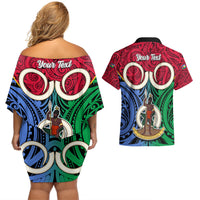 Personalised Vanuatu Shefa Province Couples Matching Off Shoulder Short Dress and Hawaiian Shirt Pig Tusk Mix Maori Pattern and Namele Leaf LT03 - Polynesian Pride