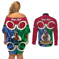 Personalised Vanuatu Shefa Province Couples Matching Off Shoulder Short Dress and Long Sleeve Button Shirts Pig Tusk Mix Maori Pattern and Namele Leaf LT03 - Polynesian Pride
