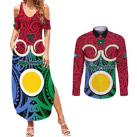Personalised Vanuatu Shefa Province Couples Matching Summer Maxi Dress and Long Sleeve Button Shirts Pig Tusk Mix Maori Pattern and Namele Leaf LT03 Red - Polynesian Pride