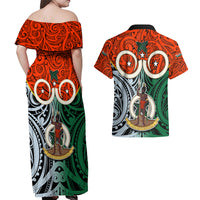 Vanuatu Penama Province Couples Matching Off Shoulder Maxi Dress and Hawaiian Shirt Pig Tusk Mix Maori Pattern and Namele Leaf LT03 - Polynesian Pride