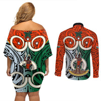 Vanuatu Penama Province Couples Matching Off Shoulder Short Dress and Long Sleeve Button Shirts Pig Tusk Mix Maori Pattern and Namele Leaf LT03 - Polynesian Pride
