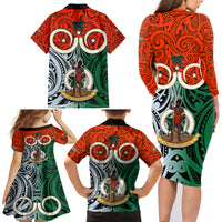 Vanuatu Penama Province Family Matching Long Sleeve Bodycon Dress and Hawaiian Shirt Pig Tusk Mix Maori Pattern and Namele Leaf LT03 - Polynesian Pride