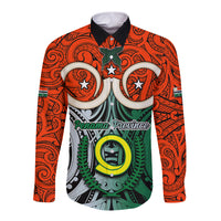 Vanuatu Penama Province Long Sleeve Button Shirt Pig Tusk Mix Maori Pattern and Namele Leaf LT03 Unisex Orange - Polynesian Pride