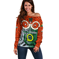 Vanuatu Penama Province Off Shoulder Sweater Pig Tusk Mix Maori Pattern and Namele Leaf LT03 Women Orange - Polynesian Pride