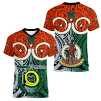 Vanuatu Penama Province Women V Neck T Shirt Pig Tusk Mix Maori Pattern and Namele Leaf LT03 - Polynesian Pride