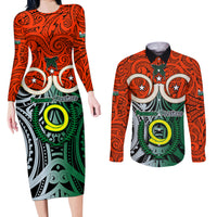 Personalised Vanuatu Penama Province Couples Matching Long Sleeve Bodycon Dress and Long Sleeve Button Shirts Pig Tusk Mix Maori Pattern and Namele Leaf LT03 Orange - Polynesian Pride