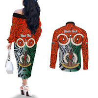Personalised Vanuatu Penama Province Couples Matching Off The Shoulder Long Sleeve Dress and Long Sleeve Button Shirts Pig Tusk Mix Maori Pattern and Namele Leaf LT03 - Polynesian Pride