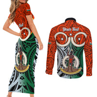 Personalised Vanuatu Penama Province Couples Matching Short Sleeve Bodycon Dress and Long Sleeve Button Shirts Pig Tusk Mix Maori Pattern and Namele Leaf LT03 - Polynesian Pride