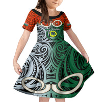 Personalised Vanuatu Penama Province Family Matching Long Sleeve Bodycon Dress and Hawaiian Shirt Pig Tusk Mix Maori Pattern and Namele Leaf LT03 Daughter's Dress Orange - Polynesian Pride
