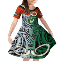 Personalised Vanuatu Penama Province Kid Short Sleeve Dress Pig Tusk Mix Maori Pattern and Namele Leaf LT03 KID Orange - Polynesian Pride
