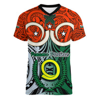 Personalised Vanuatu Penama Province Women V Neck T Shirt Pig Tusk Mix Maori Pattern and Namele Leaf LT03 Female Orange - Polynesian Pride