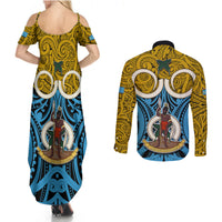 Vanuatu Sanma Province Couples Matching Summer Maxi Dress and Long Sleeve Button Shirts Pig Tusk Mix Maori Pattern and Namele Leaf LT03 - Polynesian Pride