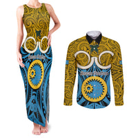 Vanuatu Sanma Province Couples Matching Tank Maxi Dress and Long Sleeve Button Shirts Pig Tusk Mix Maori Pattern and Namele Leaf LT03 Blue - Polynesian Pride