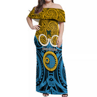 Vanuatu Sanma Province Off Shoulder Maxi Dress Pig Tusk Mix Maori Pattern and Namele Leaf LT03 Women Blue - Polynesian Pride